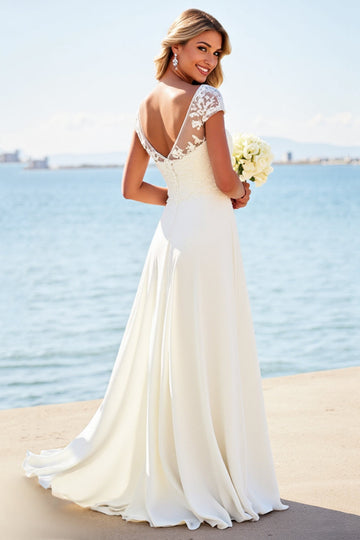 Ivory Illusion Boat Neck Sweep Train Boho Wedding Dress with Lace